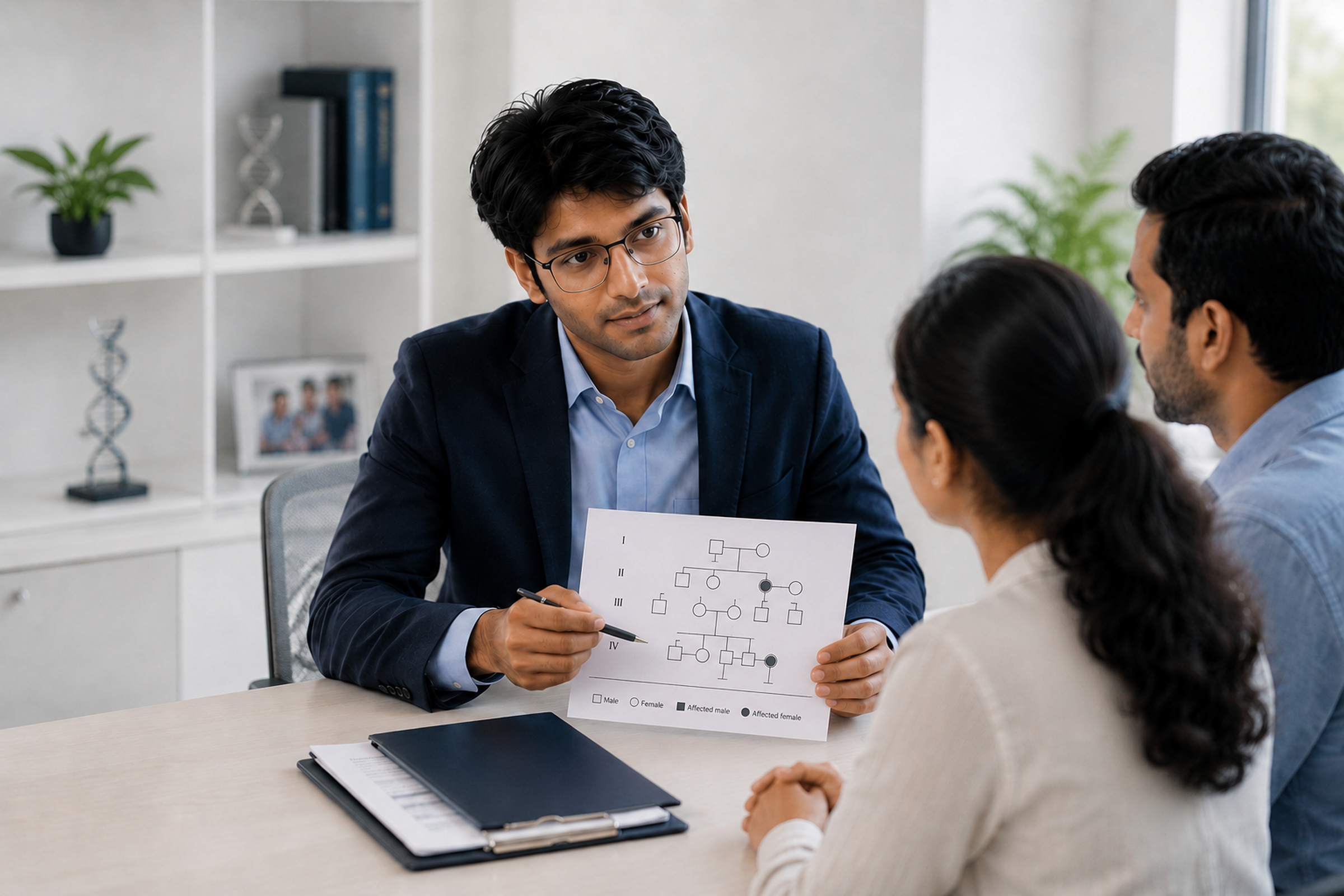A genetic counselor discussing a family pedigree chart with a couple during a consultation