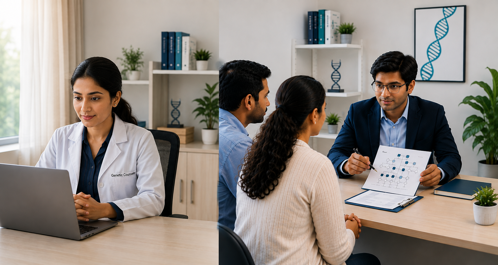 A genetic counselor on an online consultation alongside an in-person consultation with a couple