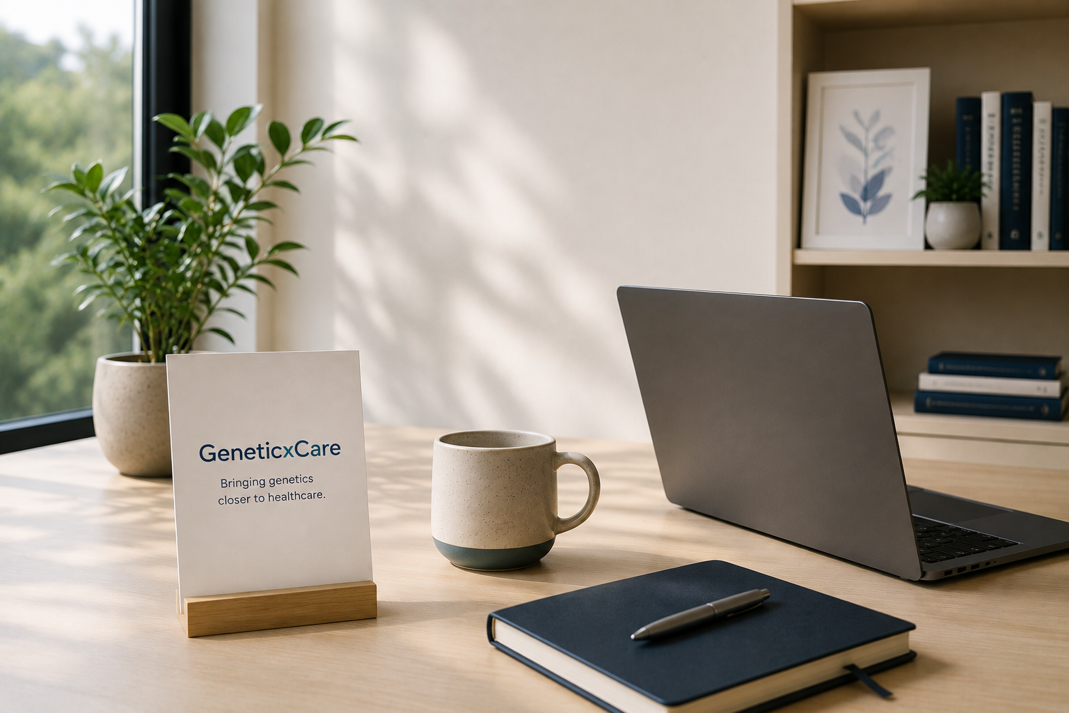A GeneticxCare desk card beside a laptop and notebook in a quiet office