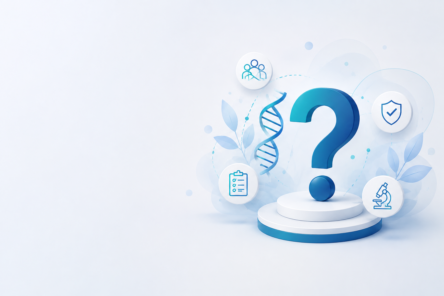 A question mark surrounded by genetics and laboratory icons