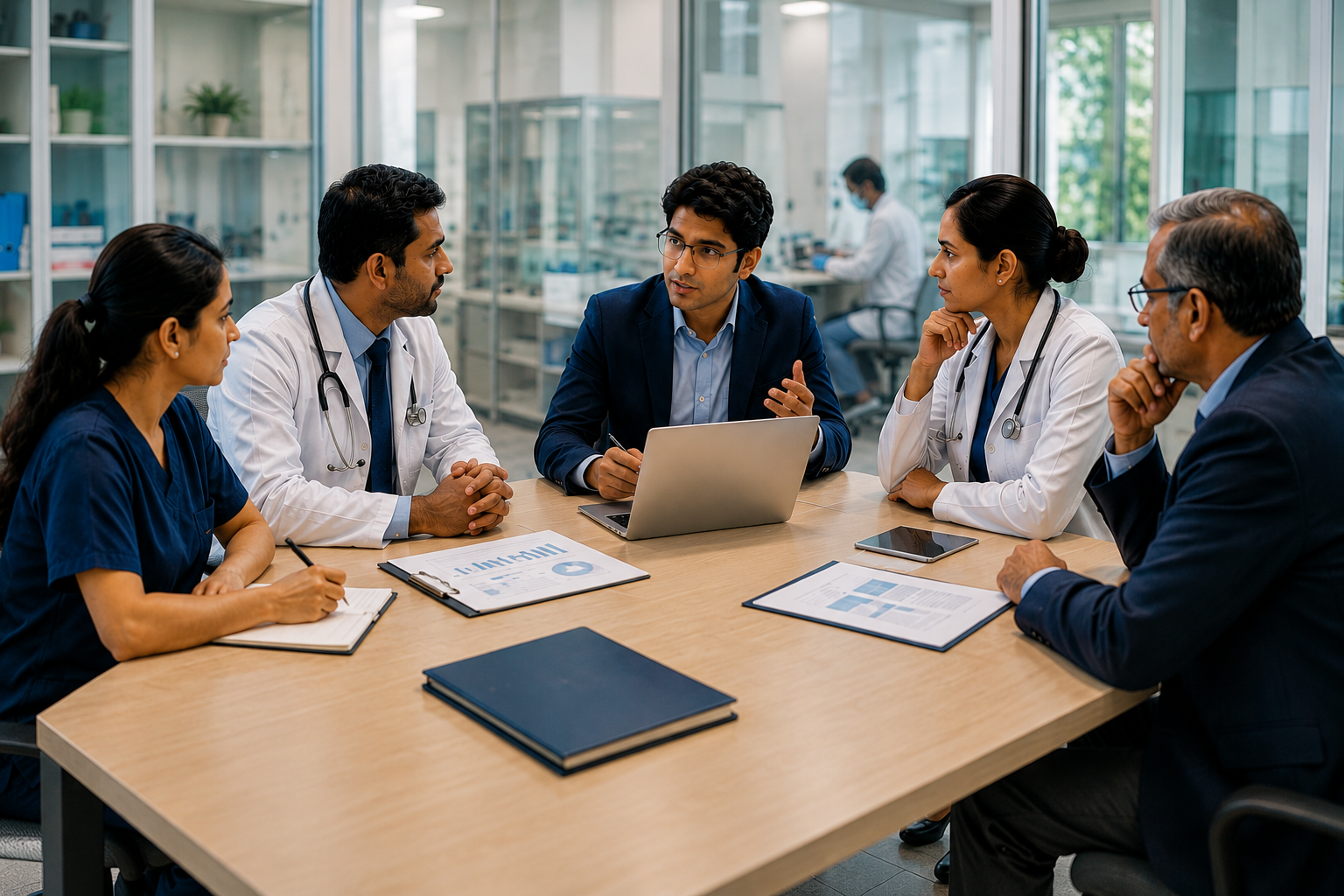 A multidisciplinary clinical team discussing a case around a meeting table