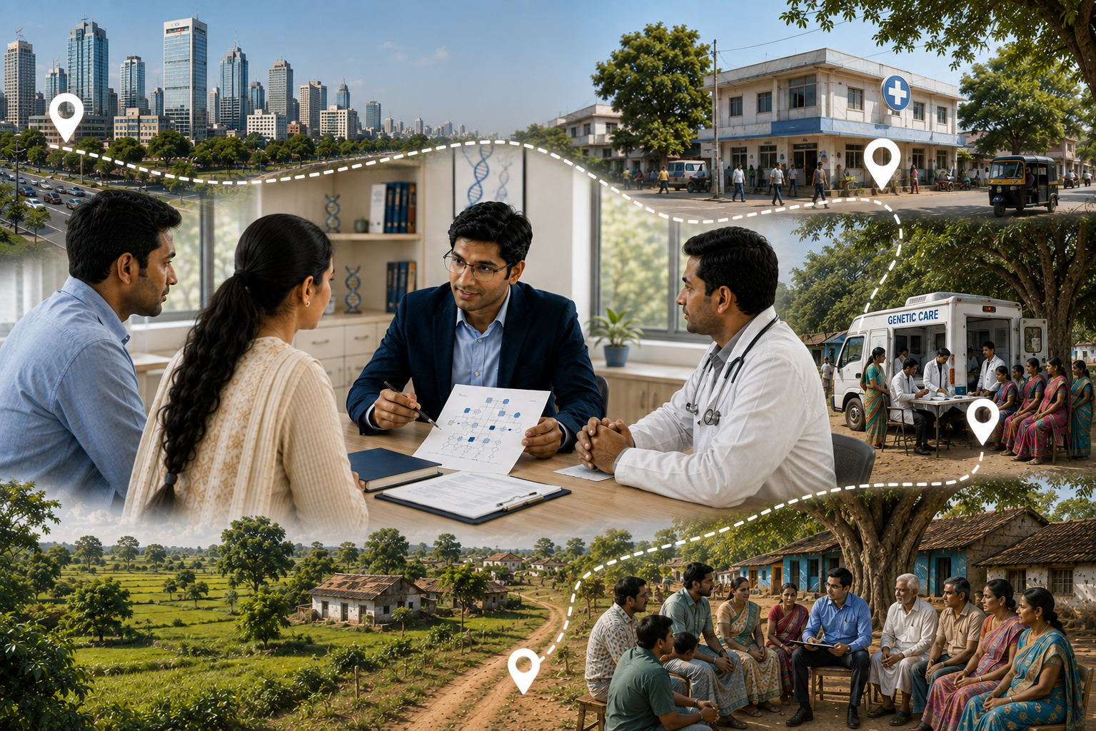 A genetics consultation linked by a route to city, town, rural and mobile healthcare settings
