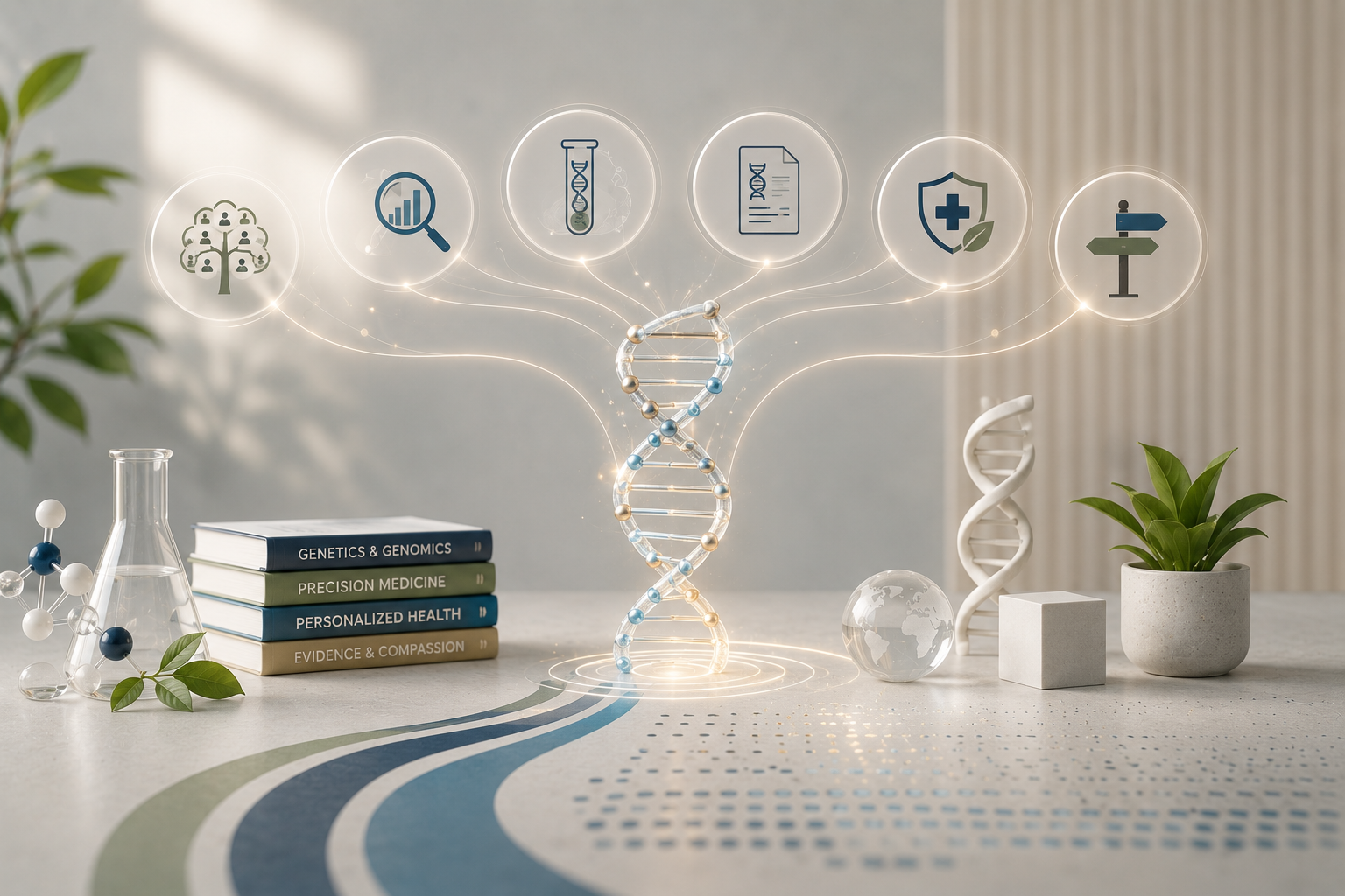 A DNA helix branching into icons representing the GeneticxCare service areas